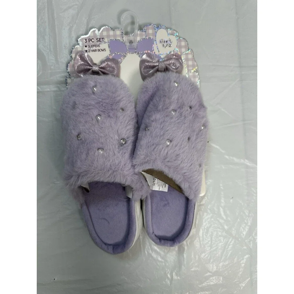 3 Piece Set Slippers, 2 Hair Bows Girl Size L 1/2